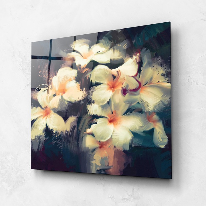 ARTHUB, Стъклена картина 100x100cm, Спалня и Дневна, цветя, рисувани цветя, White Lilys