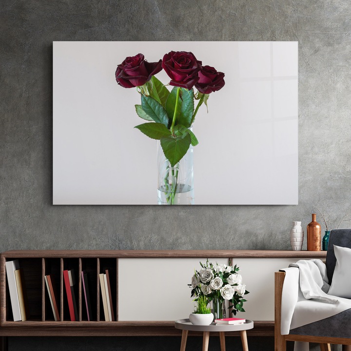 Tablou Sticla, 70x100cm, Dormitor si Living, Flori, Flori In Vaza, Red Roses Vase