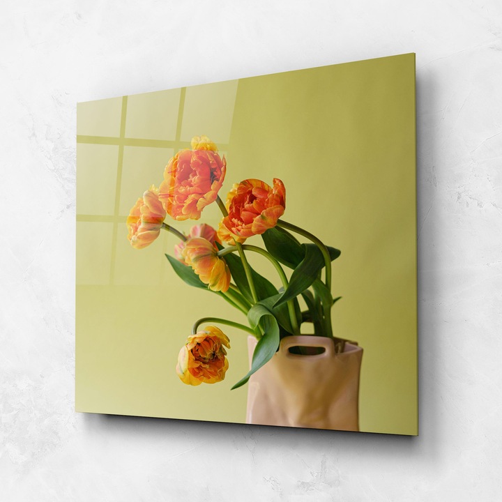 Tablou Sticla, 100x100cm, Dormitor si Living, Flori, Flori In Vaza, Cream Cool Vase