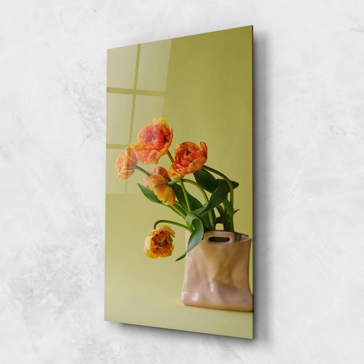 Tablou Sticla, 60x150cm, Dormitor si Living, Flori, Flori In Vaza, Cream Cool Vase