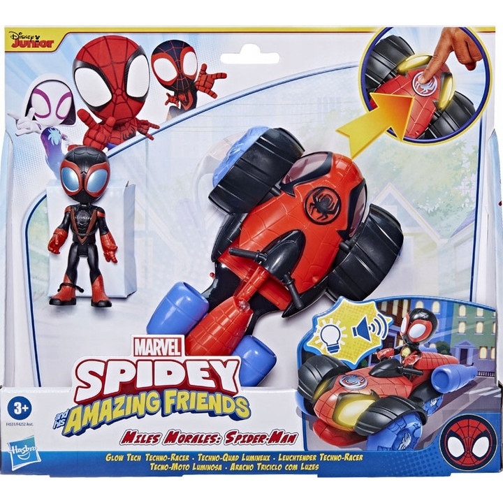 Комплект фигурки Hasbro, Spidey и Miles Morales, със светлинно и звуково превозно средство, за момчета, 3 години