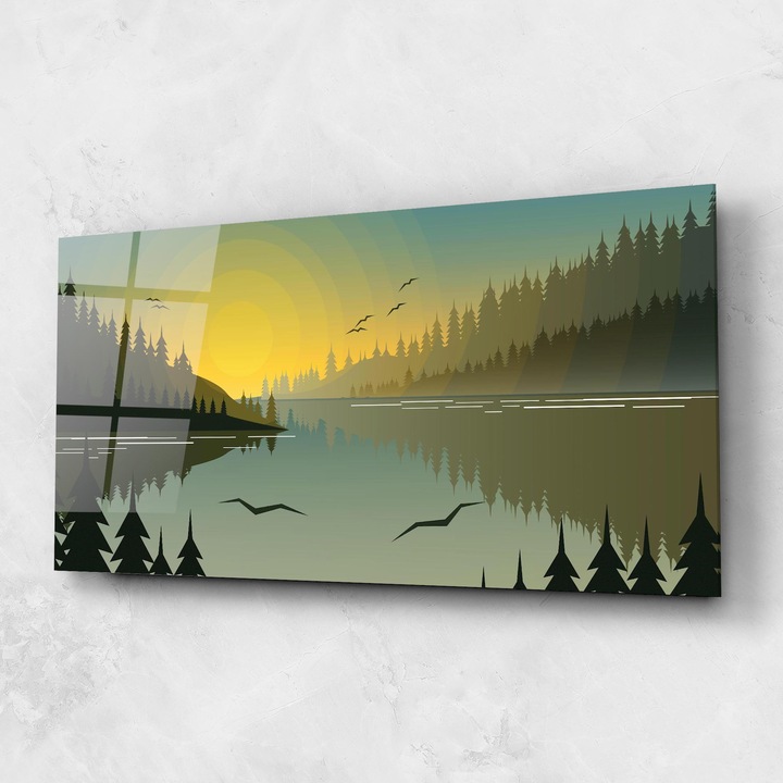 Tablou Sticla, 60x150cm, Dormitor si Living, Peisaje, Lacuri, Yellow Sunset Mountain