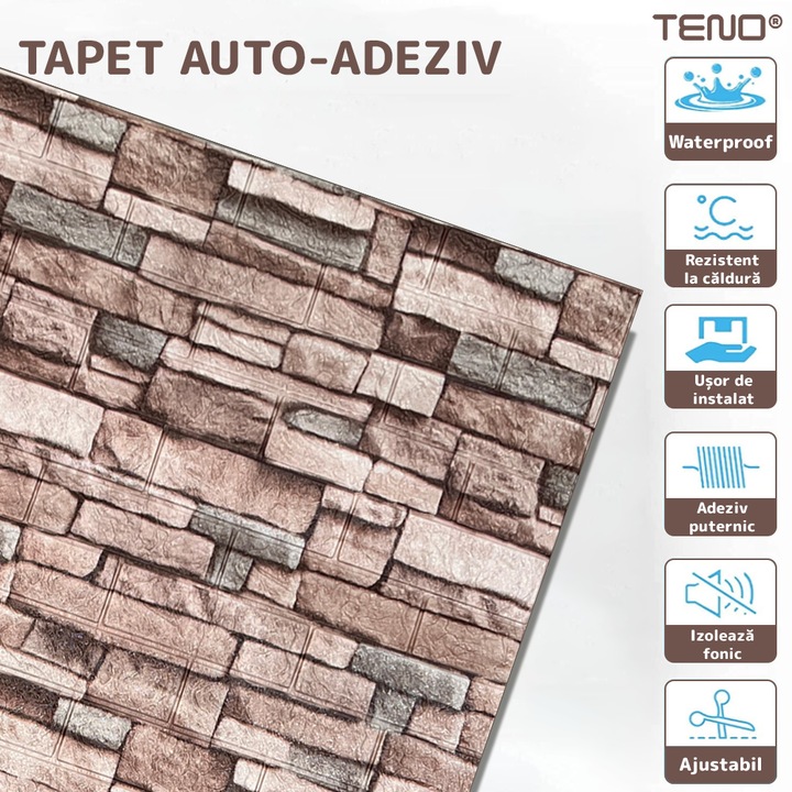 Set 10x Tapet Caramida 3D Teno®, Model Piatra Naturala, suprafata acoperire 5.3. mp, autoadeziv, waterproof, usor de montat, design modern, 70x77 cm, maro deschis