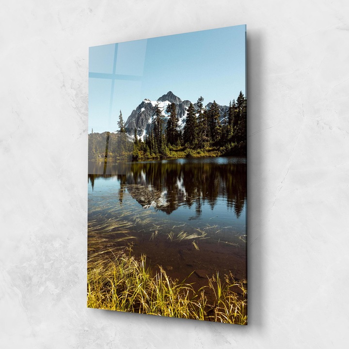 Tablou Sticla, 70x100cm, Dormitor si Living, Peisaje, Paduri, Lake Snow Mountain