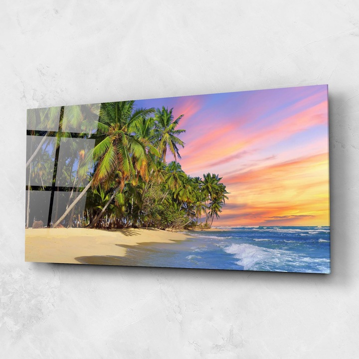 ARTHUB, Стъклена картина 60x120cm, Спалня и Дневна, пейзажи, плажове, Coconut Tree Sunset