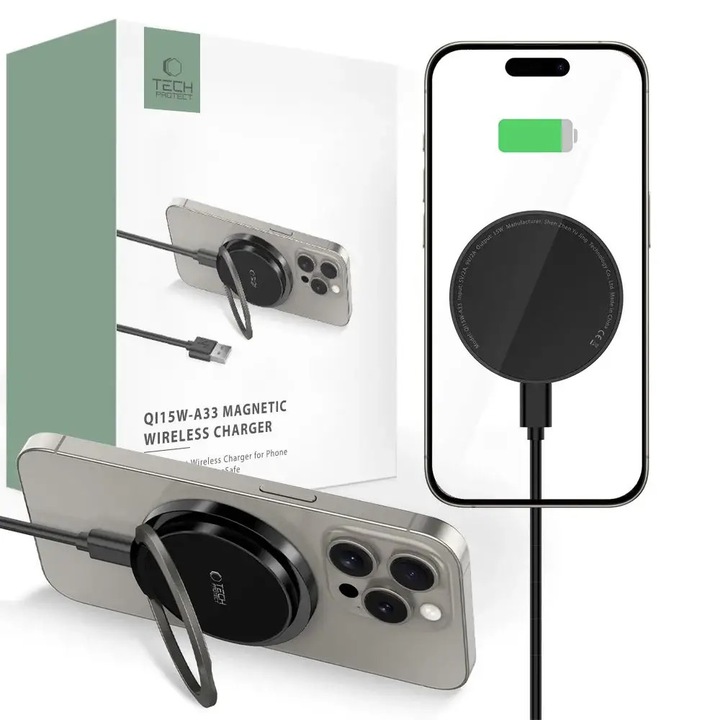 Incarcator Wireless TECH-PROTECT A33, Magnetic MagSafe, 15W, Cablu USB-C 1m inclus, Negru