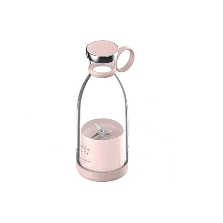 Преносим мини блендер и чопър Fresh Juice Blender, Безжично зареждане, 20 000 об/мин, 4 ножчета, 350мл, Розов