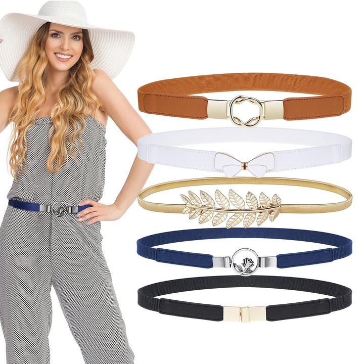 Curea pentru dama, Set de 5, SINBINTA, Model clasic, Elastica, Inguste, Reutilizabile, Nu se deteriora usor si estompeaza, Design ergonomic, Pentru rochii, Camasi, Pantaloni, Piele naturala/Metal, 68cm, Multicolor