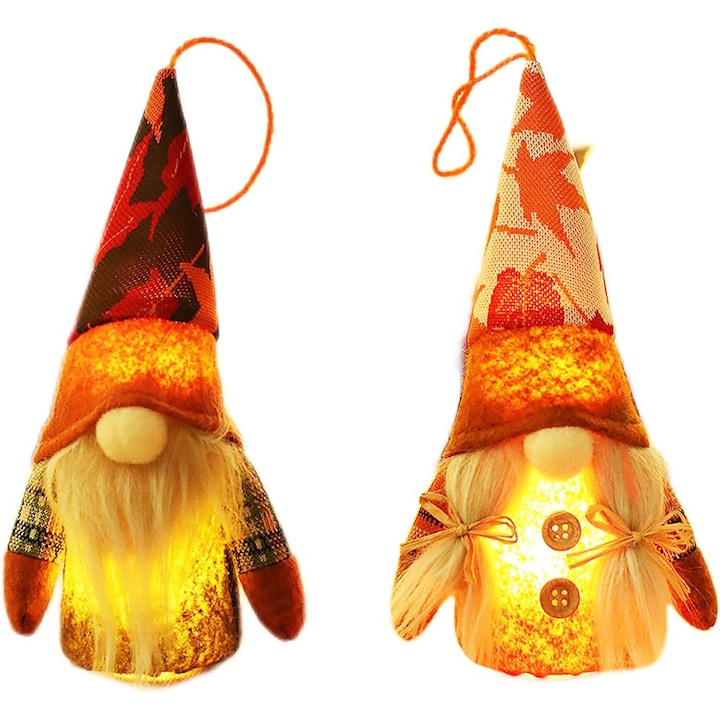 Set 2 Figurine Decorative QttvbTna, Gnomi cu Iluminare LED, Tematica Toamna, Multicolor