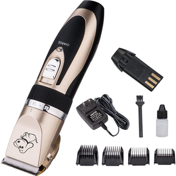 Clipper készlet állatokhoz, 4 fésűvel, Silent Cut, fekete\arany