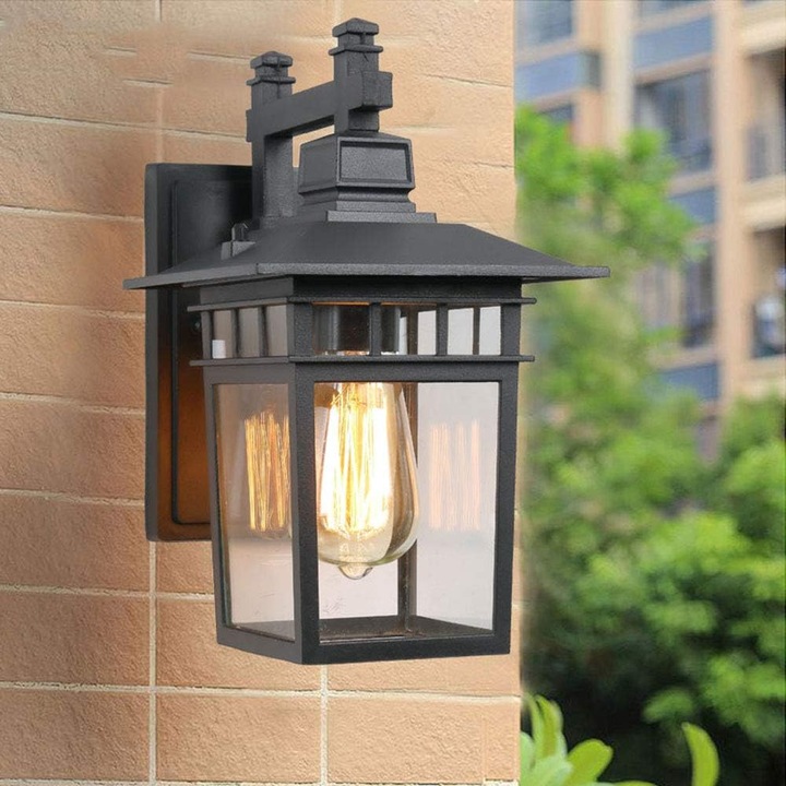 Aplica de perete exterior QttvbTna, aluminiu negru, abajur sticla, impermeabil IP23, 18x23x31cm