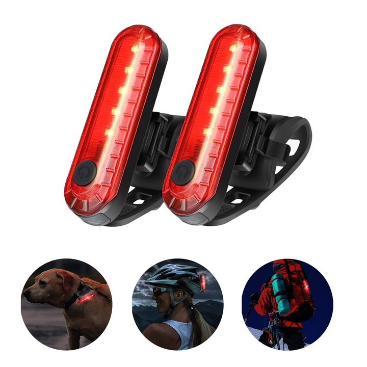 Set 2 stopuri bicicleta LED, NUODWELL, Luminos cu 4 moduri de iluminare, Rezistente la apa, Incarcare USB, Instalarea si utilizarea usoara, Pentru biciclete pliabile, coliere pentru animale de companie si rucsacuri, 69x20mm, ABS/PC, Rosu