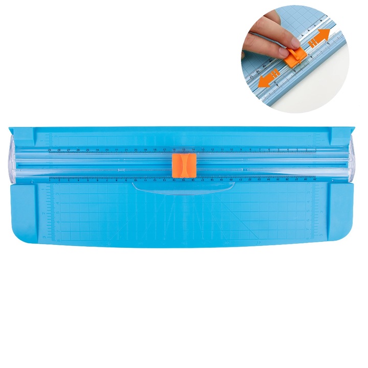 Trimmer pentru Hartie, NUODWELL, Cu Lama, Design simplu, glisant si ascuns, convenabil de utilizat, Regula de ghidare transparenta, curat pentru a vedea, Pentru obiecte de artizanat, invitatii de nunta si felicitari, 36x13cm, Plastic, Albastru