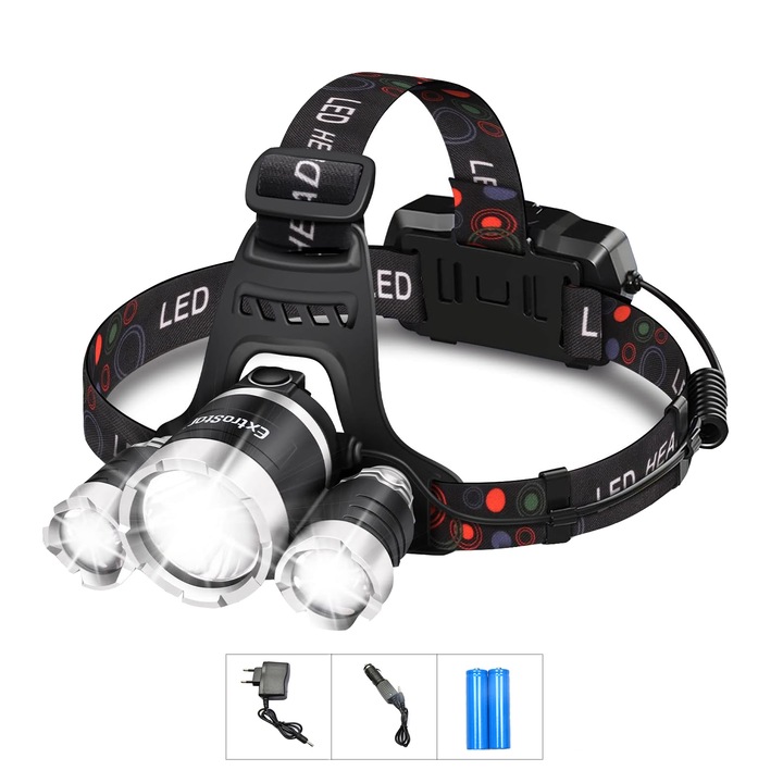 LED челник, NUODWELL, С батерии и zoom, 4 режима на светене, 90° вертикална настройка, Водоустойчивост, За поддръжка на автомобил, ходене през нощта и катерене, Алуминий/пластмаса, Черен