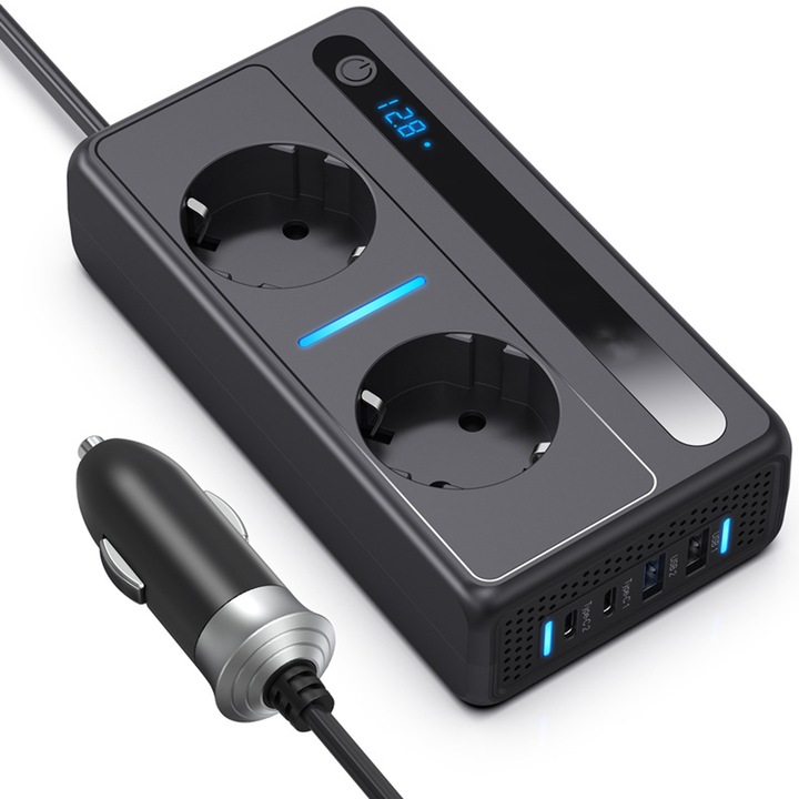 DC/AC автомобилен инвертор, Axroad Mall, 12V, 200W, 2 x USB порта, 2 x Type-C порта, LED дисплей, с интелигентен охлаждащ вентилатор, защита от прегряване, ABS/метал, 15*7,6*3,5 см, черен