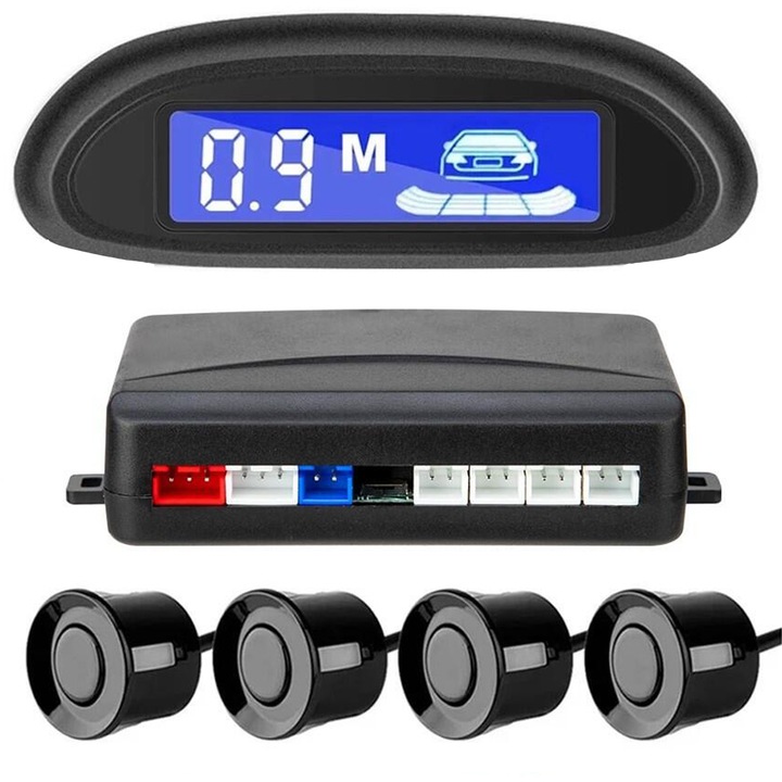 Senzori Parcare Auto, Axroad Mall, Localizare si urmarire GPS, Cu 4 receptoare, Distanta de detectare 0.3-2m, Display LCD, Avertizare sonora, 12V, Rezistenta la apa, Metal/Plastic, Negru