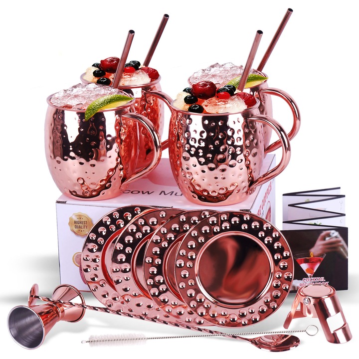 Set de 4 cani Moscow Mule, Latauar, 500 ml, lingurita bar, jigger si farfuriute, pentru cocktail, bautura rece, acasa, petrecere