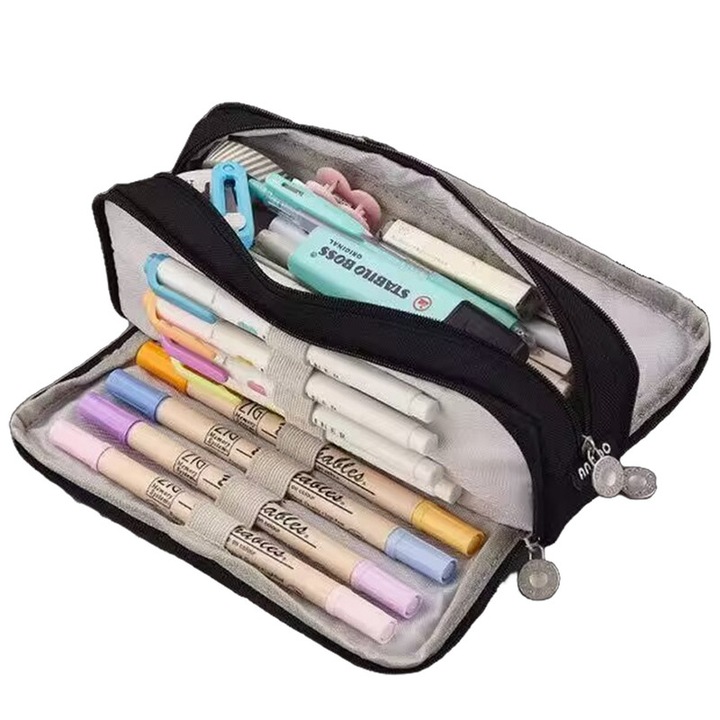 Nagy iskolai tolltartó három rekesszel, FreeBiz, Multifunkcionális, 21x5x8,5cm, fekete