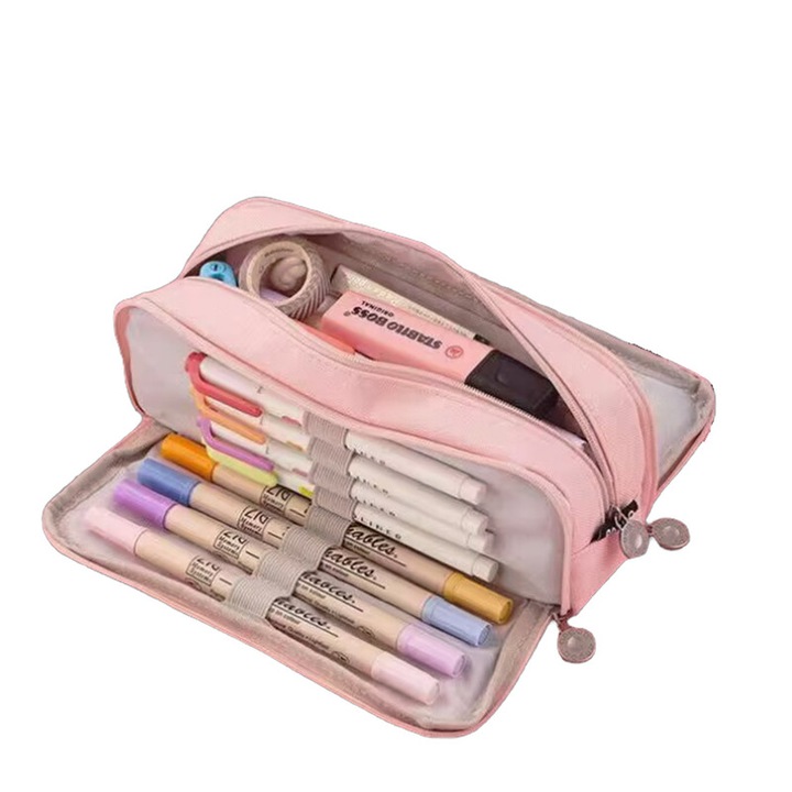 Nagy iskolai tolltartó három rekesszel, FreeBiz, Multifunkcionális, 21x5x8,5cm, rózsaszín