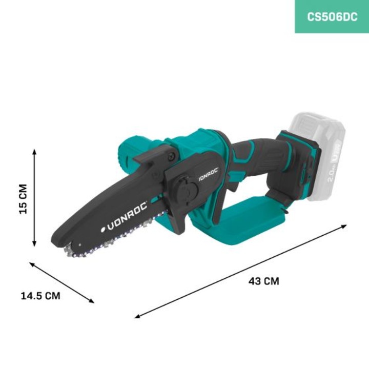 Mini láncfűrész, VONROC, CS506DC, 20V, 152mm, 33T lánc, praktikus és könnyű, gyorsfeszítő rendszer, biztonsági kapcsolóva, softgrip, védőburkolat, akkumulátor és töltő nélkül