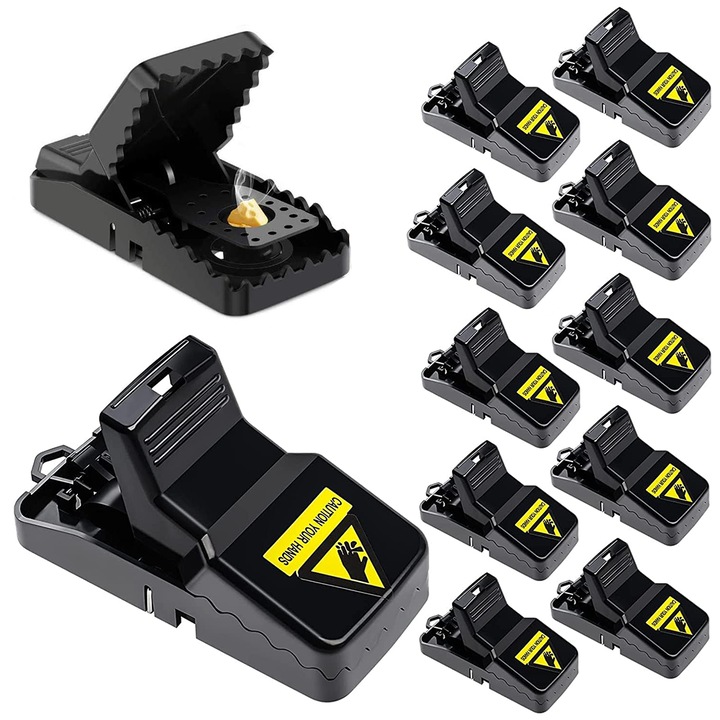 Set 12 Capcane pentru soareci, TopGearWorld®, Utilizare interior/exterior, 11.2 x 5.5 cm, Reutilizabil, ABS, Negru