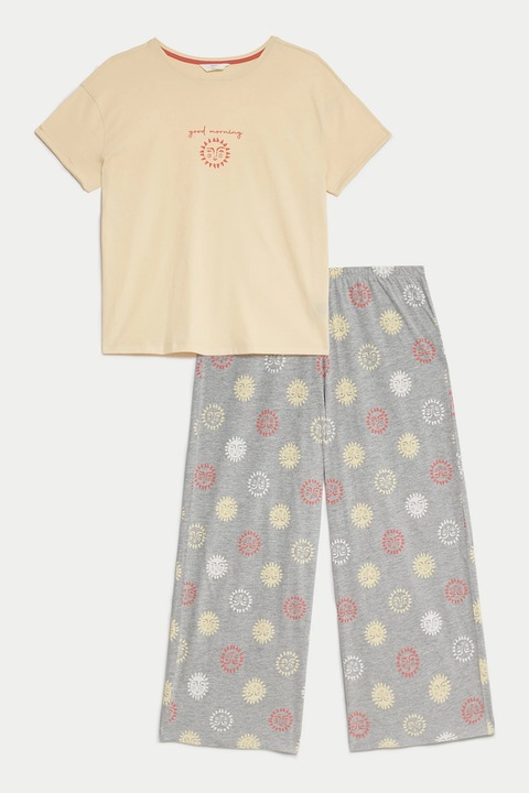 Marks & Spencer, Pijama cu model si buzunar aplicat pe piept, Bej/Gri
