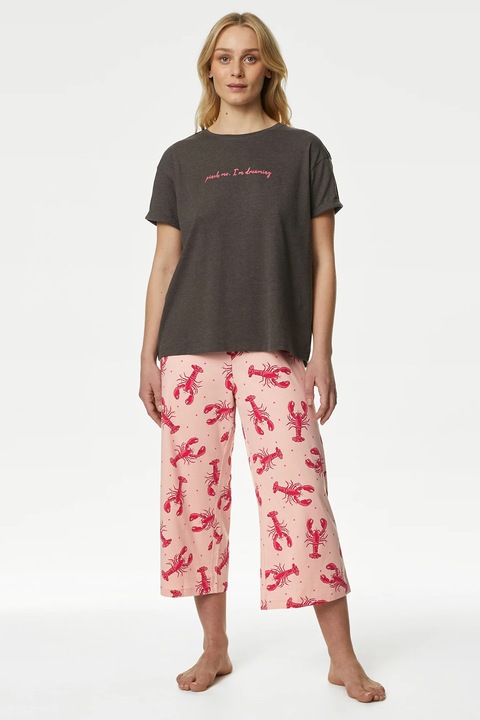 Marks & Spencer, Pijama cu model si buzunar aplicat pe piept, Roz/Gri inchis