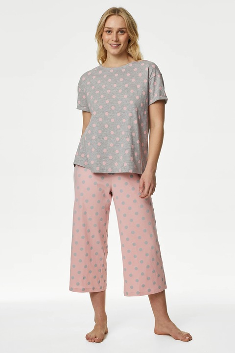 Marks & Spencer, Pijama cu model si buzunar aplicat pe piept, Roz/Gri