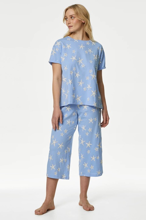 Marks & Spencer, Pijama cu model si buzunar aplicat pe piept, Alb murdar/Albastru
