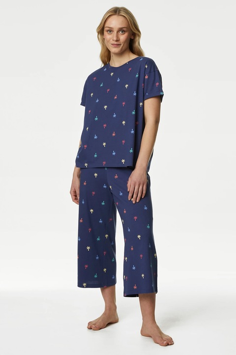 Marks & Spencer, Pijama cu model si buzunar aplicat pe piept, Rosu/Galben/Bleumarin