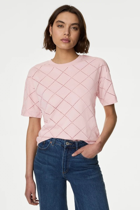 Marks & Spencer, Tricou din amestec de bumbac cu model geometric, Roz prafuit