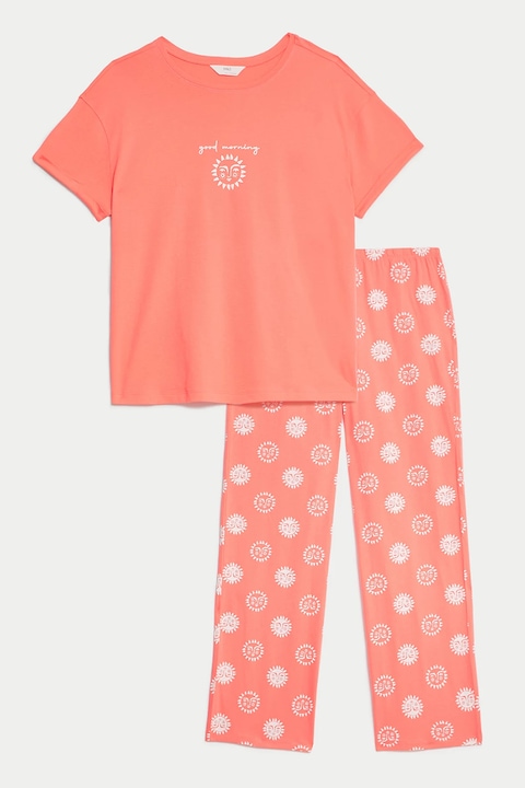 Marks & Spencer, Pijama din bumbac cu imprimeu floral, Alb/Portocaliu