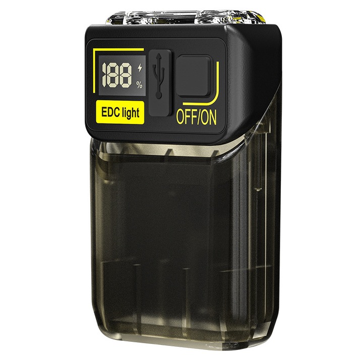 Мини LED джобен фенер, BOMSTOM, въртяща се на 180° глава на лампата, 1200mAh батерия, LCD дигитален дисплей, 6 светлинни режима, трицветен източник на светлина, с магнит, IPX4, USB-C зареждане, 44x25x72 mm, черен