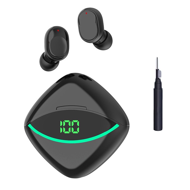 Casti Audio In-Ear, Darklove, True Wireless, Cu 1 casti curatati pixul, Fara fir, Bluetooth 5.3+EDR, Afisaj Digital, Control touch, Earbuds in-ear, Imperechere Automata, Microfon HD, Carcasa Magnetica, Compatibilitate Universala, Plastic/ABS, Negru