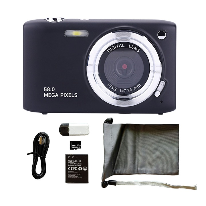 Digitális fényképezőgép, Darklove, 58MP, 16X digitális zoom, 32GB SD kártyával, OTG kártyaolvasóval és USB kábellel, 4K videó, 2,88 hüvelykes kijelző, 800mAh, 20 szűrő, Hordozható, Gyermekeknek, kezdőknek, időseknek, 12X6X3cm, Fekete