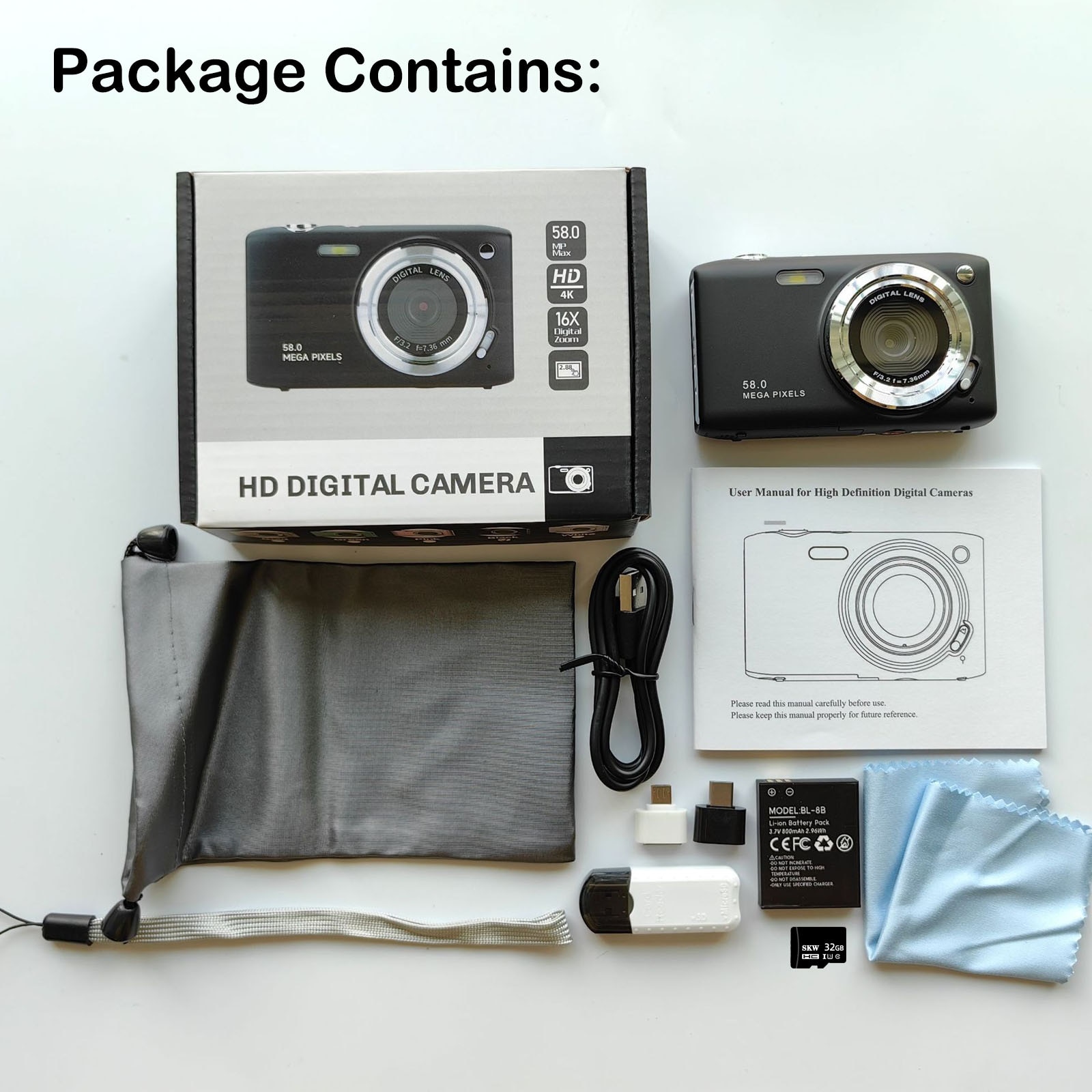 Aparat foto digital, Darklove, 58MP, Zoom digital 16X, Cu 32GB SD