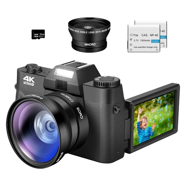 Цифров фотоапарат, Darklove, С 32GB SD карта, широкоъгълен обектив и 2 батерии, 48MP, 4K, 16X цифрово увеличение, 3.0 инча IPS, 1500mAh, Функция пауза, За деца, начинаещи и възрастни, 11.5X8X4.5cm, Черен