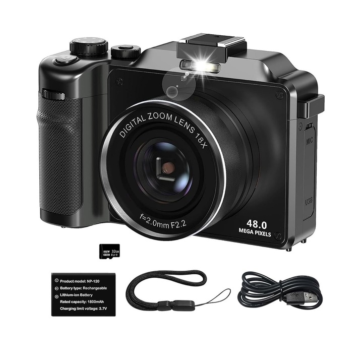 Digitális fényképezőgép, Darklove, 32GB SD kártyával, akkumulátorral és USB kábellel, 48 MP, 18X digitális zoom, 3,0 hüvelykes IPS, 1800 mAh, Feca felismerő, Hordozható, Gyermekeknek, kezdőknek és időseknek, 12,2x6x8cm, Fekete