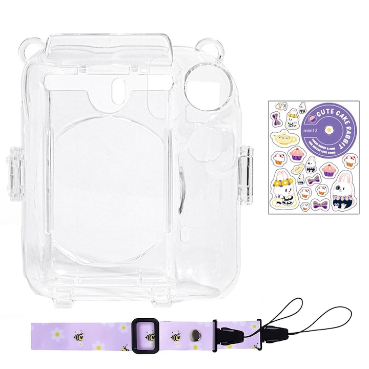 Fényképezőgép tok/kiegészítő készlet, Darklove, Szíjjal, Fuji Instax Mini 12-vel kompatibilis, Állítható, Levehető, Karcálló, Születésnapra, évfordulóra és ünnepekre, PC, 12,5x11,5x6 cm, Lila