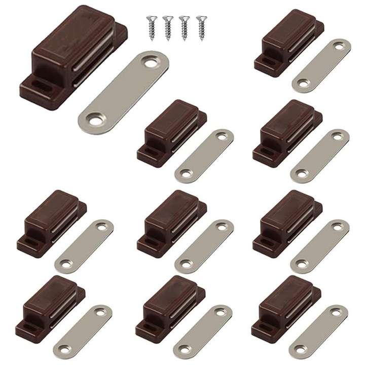 Set 20 magneti adezivi, Darklove, Cu suruburi, Usor de instalat, Rezistent la coroziune, Compatibil dulapului usilor si obloanele ferestrelor, Pentru bucatarie, baie, dormitor si birou, Plastic/Otel, 45x15x13 mm, Maro
