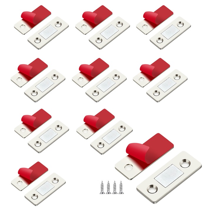 Set de 10 inchizatoare magnetice, Darklove, Cu suruburi si adezivi, Usor de instalat, Rezistent la coroziune, Compatibil dulapului usilor si obloanele ferestrelor, Pentru bucatarie, dormitor si birou, Fier, 42x17x2mm, Argintiu