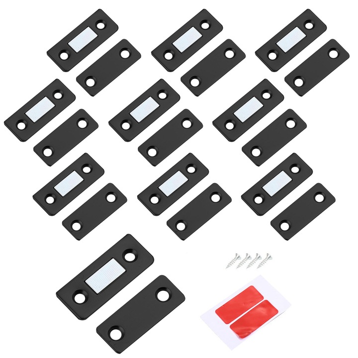 Set de 10 inchizatoare magnetice, Darklove, Cu suruburi si adezivi, Usor de instalat, Rezistent la coroziune, Compatibil dulapului usilor si obloanele ferestrelor, Pentru bucatarie, dormitor si birou, Fier, 42x17x2mm, Negru