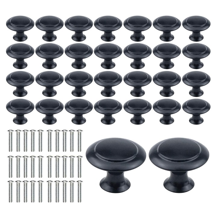 Set 30 buton pentru mobilier, Darklove, Cu suruburi, Diametru 30mm, Rotund, Rezistent la coroziune, Compatibil sertare si dulapuri, Usor de instalat, Pentru bucatarie, baie, dormitor si birou, Otel inoxidabil, Negru