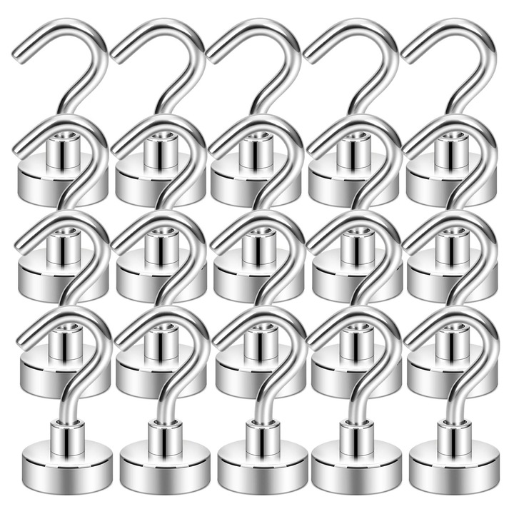 Set 20 carlige magnetice, Darklove, Usor de instalat, Sarcina portanta 8 kg, Rezistent la coroziune, Demontabil, Compatibil prosoape, haine si chei, Pentru bucatarie, baie, dormitor si birou, Otel, 35x16mm, Argint