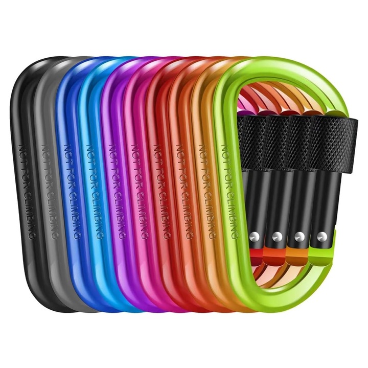 10 db-os karabiner készlet, Darklove, Menetes, Rozsda- és kopásálló, Könnyen használható, Nem fakul, Ergonomikus kialakítás, Függőágyakhoz, hintákhoz és boxzsákokhoz, Alumínium ötvözet, 42x17x7mm, Többszínű