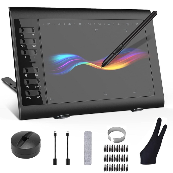 Tableta de desen, SINBINTA, 12 Butoane, Rezolutie inalta(5080lpi), 8192 niveluri presiune, 30 varfuri de rezerva, Cu manusa, Raport mare 266pps, Cablu adaptor OTG, Pentru predare online, design de arta, lucru la distanta, ABS, 360 x 240mm, Negru