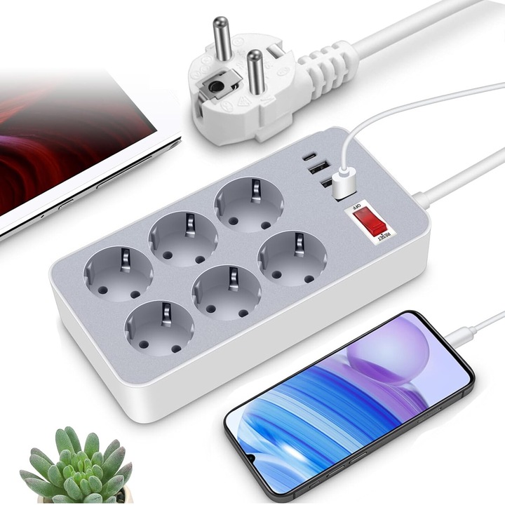 Удължител с USB конектори, MOSMAOO®, 6 гнезда, 3 USB порта, 1 USB-C порт, кабел 1,2 м, HighPower, сив