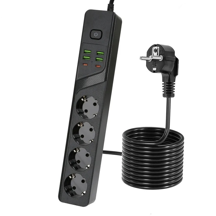Удължител за бързо зареждане, MOSMAOO, 4 гнезда, С 4 USB и 2 C конектора, Защита от пренапрежение, Защита за деца, 2 м, Черен