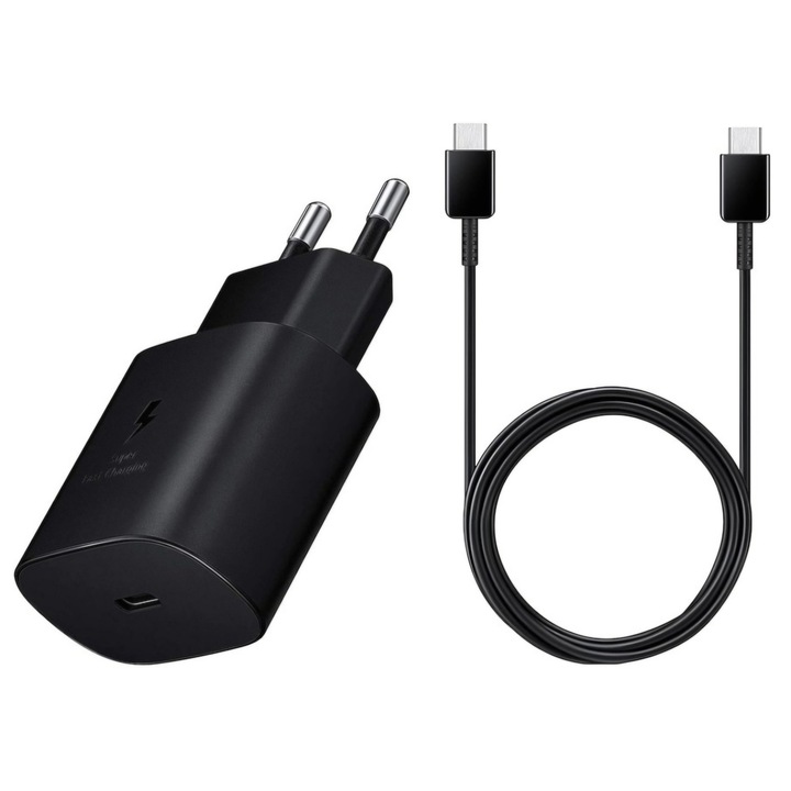 Incarcator de retea si set de cabluri Planet Tech, 25W, Pentru Samsung, Incarcare super rapida, Original, Negru