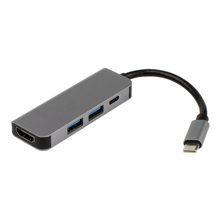 Преходник Zik 4 in 1, USB Type-C - 2x USB 3.0, 1x USB Type-C, 1x HDMI, сив